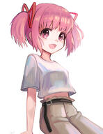 1girl alternate_costume anime arm_support belt belt_buckle buckle casual d hair_ribbon highres kaname_madoka looking_at_viewer mahou_shoujo_madoka_magica mahou_shoujo_madoka_magica_(anime) nacky0610 open_mouth pants pink_eyes pink_hair red_ribbon ribbon sensitive shirt short_hair short_twintails signature simple_background smile solo twintails white_background white_shirt // 1800x2332 // 1.8MB