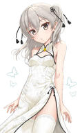 1girl bangs bare_arms bare_shoulders breasts brown_eyes china_dress chinese_clothes commentary_request dress eyebrows_visible_through_hair flipper girls_und_panzer grey_hair hair_between_eyes highres long_hair one_side_up safe sensitive shimada_arisu simple_background sleeveless sleeveless_dress small_breasts solo thigh-highs thighhighs white_background white_dress white_legwear white_thighhighs // 1000x1619 // 204.9KB