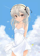 1girl arms_behind_back bare_arms bare_shoulders black_bow black_hairband blue_sky blush bow breasts brown_eyes closed_mouth cloud collarbone commentary_request day dress fanart fanart_from_pixiv female flipper frilled_dress frills girls_und girls_und_panzer grey_hair hair_bow hairband highres long_hair looking_at_viewer one_side_up outdoors panzer_der_film petals pixiv safe sensitive shimada_alice shimada_arisu sky sleeveless sleeveless_dress small_breasts smile solo white_dress // 1000x1412 // 158.0KB