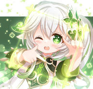 1girl araki495 blush commentary_request cross-shaped_pupils crossed_bangs dress finger_frame general genshin_impact gold_trim green_eyes green_sleeves green_theme hair_between_eyes hair_ornament highres leaf_hair_ornament long_hair nahida_(genshin_impact) one_eye_closed open_mouth pointy_ears side_ponytail solo symbol-shaped_pupils teeth upper_body upper_teeth_only white_dress white_hair // 1300x1242 // 1.4MB