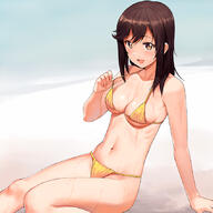 11_aspect_ratio 1girl a1 arm_support bikini blush breasts brown_eyes brown_hair clavicle collarbone commentary_request copyright_request eyebrows eyebrows_visible_through_hair female general ichijou_hotaru initial-g medium_breasts navel non_non_biyori open_mouth safe sankaku_channel short_hair sitting smile solo stomach swimsuit swimwear wet yellow_bikini yellow_swimsuit // 850x850 // 294.0KB