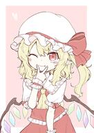 1girl ascot bangs blonde_hair blush border bow closed_mouth commentary_request crystal eyebrows_visible_through_hair eyebrows_visible_through_hat fang fang_out flandre_scarlet frilled_shirt_collar frills hair_between_eyes hat hat_bow highres lolibooru long_hair looking_at_viewer mob_cap one_eye_closed one_side_up oninamako outside_border pink_background puffy_short_sleeves puffy_sleeves red_bow red_eyes red_skirt red_vest safe short_sleeves simple_background skirt slit_pupils smile solo touhou touhou_project upper_body v_over_mouth vest white_border white_headwear wings yellow_ascot yellow_neckwear // 1450x2048 // 319.0KB