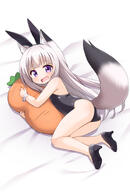 1girl animal_ears ass bare_shoulders black_footwear black_leotard blush commentary_request fake_animal_ears fang fox_ears fox_girl fox_tail grey_hair high_heels hug legs leotard long_hair looking_at_viewer lying mogura2009 object_hug on_side open_mouth original purple_eyes rabbit_ears shoes solo strapless strapless_leotard stuffed_carrot stuffed_toy tail tears thighs wrist_cuffs // 1378x2039 // 1000.0KB