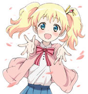 alice_cartelet alice_carteret blonde blonde_hair blue_eyes blush cardigan cherry_blossom female fringe ging-maru ginmaru ginmaru_(nico_nico_seiga_26953254) girl hairpin_(hairpins) happy jewelry kin-iro_mosaic long_hair looking_at_viewer open_mouth petals safe sankaku_channel school_uniform short_hair simple_background single solo spread_arms tall_image twintails uniform white_background きんいろモザイク きんモザ1000users入り アリス・カータレット 忍ホイホイ 花びらアリス 金髪 金髪碧眼 銀丸 // 938x1000 // 499.7KB