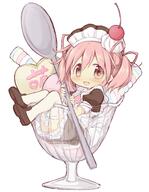 1girl absurdres alternate_costume blush boots cherry cup eyebrows_visible_through_hair eyes_visible_through_hair food fruit headdress highres hitode in_container in_cup kaname_madoka lolibooru mahou_shoujo_madoka_magica maid maid_headdress pink_eyes pink_hair ribbon safe short_twin_tails smile solo spoon thighhighs twin_tails zettai_ryouiki // 2480x3200 // 693.7KB
