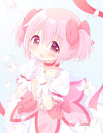 1girl anime blurry bubble bubble_skirt buttons center_frills choker collarbone depth_of_field dot_nose eyebrows_visible_through_hair flat_chest flower frilled_skirt frilled_sleeves frills from_above glint gloves gradient gradient_background hair_between_eyes hair_ribbon hands_up highres kaname_madoka light_blue_background light_blush lolibooru looking_at_viewer looking_up mahou_shoujo_madoka_magica open_mouth pastel_colors petals pink_eyes pink_hair pink_ribbon pink_theme puffy_short_sleeves puffy_sleeves red_choker red_ribbon ribbon ribbon_choker safe shiny shiny_hair short_sleeves short_twin_tails short_twintails simple_background skirt smile solo soul_gem steepled_fingers tareme twin_tails twintails upper_body user_cznn4524 white_background white_flower white_gloves white_skirt yuki_(33098065) yuki❄ // 1400x1800 // 1.2MB