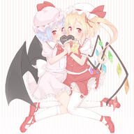 ascot bare bat_wings black_wings blonde_hair blue_hair blush bows_(fashion) brooch buttons chocolate chocolate_heart colored_wings crystal crystal_wings dress duo family fanart fanart_from female flandre_scarlet frill_sleeves frilled_skirt frills full_body hair_ribbon hat hat_bow heart jewelry knee_high_socks knees light_background looking_at_camera mob_cap outerwear pixiv png_conversion puffy_sleeves red red_bow red_footwear red_neckwear red_ribbon red_skirt red_vest remiflan remilia_scarlet ribbon sakurea shirt shoes short_hair short_sleeves siblings side_tail sisters skirt socks soft_colors striped striped_background thigh_highs touhou two_girls unusual unusual_wings valentines vest white_dress white_hat white_headwear white_legwear white_shirt wings yellow_neckwear // 1800x1800 // 1.3MB