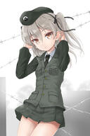1girl bangs barbed_wire beret black_necktie black_neckwear breasts brown_eyes collared_shirt commentary_request emblem eyebrows_visible_through_hair flipper girls_und_panzer green_headwear green_jacket green_skirt grey_hair hair_between_eyes hands_up hat highres jacket japanese_tankery_league_(emblem) long_hair long_sleeves looking_at_viewer necktie one_side_up pleated_skirt safe selection_university_(emblem) selection_university_military_uniform sensitive shimada_arisu shirt skirt small_breasts solo white_shirt // 1000x1500 // 155.3KB