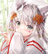 1girl \m animal_ear_fluff animal_ears bamboo blunt_bangs blush braid_(braids) commentary_request covered_mouth crown_braid female flower fox_ears fox_shadow_puppet fringe fujima_takuya general girl grey_eyes grey_hair hair_flower hair_ornament hands_up japanese_clothes kanzashi kimono long_hair long_sleeves looking_at_viewer mocochin nail_polish orange_flower original pink_nails robe safe see-through silver_eyes silver_hair single sleeves_past_fingers sleeves_past_wrists solo tall_image upper_body useless_tags veil wafuku white_kimono イベント オリジナル オリジナル1000users入り 狐の嫁入り 狐耳 着物 藤真拓哉@シグルリ // 953x1075 // 907.5KB