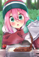 1girl beanie black_legwear black_pantyhose bodily_fluids box chair close-up commentary_request curry curry_rice drooling face female food gloves grass green_eyes green_gloves green_headwear hair_between_eyes hat highres hood hooded_vest hoodie jacket kagamihara_nadeshiko knees_up looking_at_food mess_kit multicolored multicolored_clothes multicolored_headwear outdoors pantyhose picnic pink_hair pom_pom_(clothes) red_headwear red_jacket rice safe saliva sensitive sidelocks sitting sk02 solo striped striped_headwear table tree vest white_headwear white_vest winter_clothes wooden_table yurucamp // 1000x1474 // 1.1MB