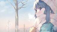 1_female 1girl beanie blue_hair blush female gelbooru hands hands_together hat jacket long_hair long_sleeves open_mouth outdoors outside own_hands_together parted_lips purple_eyes ringosutta safe scarf sensitive shima_rin sky solo tree violet_eyes yuru_camp yurucamp // 1200x675 // 81.9KB