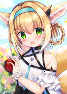 1girl animal_ear_fluff animal_ears apple arknights bare_shoulders black_choker black_gloves blonde_hair blue_background blush braid choker colored_tips d female food fox_ears fruit gloves green_eyes hairband holding holding_food holding_fruit holding_object infection_monitor_(arknights) kitsunemimi looking_at_viewer miwa_uni multicolored_hair open-mouth_smile open_mouth oripathy_lesion_(arknights) outdoors safe sankaku_channel sensitive single_glove smile solo suzuran_(arknights) tied_hair twin_braids two-tone_hair upper_body white_hair wrist_cuffs // 1158x1637 // 1.8MB