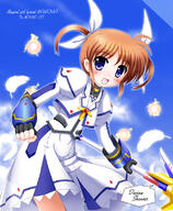 blue_eyes brown_hair clouds dress feather female flipper girl happy magical mahou_shoujo_lyrical_nanoha open_mouth pixiv raising_heart short_hair short_twin_tails sky smile solo staff takamachi_nanoha weapons // 650x789 // 304.2KB
