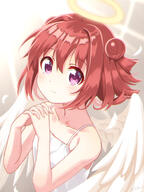 1girl absurdres akaza_akari angel angel_wings bangs bare_shoulders blush camisole closed_mouth collarbone commentary_request double_bun eyebrows eyebrows_visible_through_hair feathered_wings feathers female flat_chest floating_hair from_side glowing halo hands_clasped highres light_smile lolibooru looking_to_the_side own_hands_together paranoid-circus purple_eyes red_hair safe short_hair solo spaghetti_strap upper_body usagi_koushaku white_camisole white_wings wings yuru_yuri ゆるゆり ゆるゆり100users入り ウサギ公爵 厚塗り 大天使アカリエル 天使 赤座あかり // 2508x3341 // 3.9MB