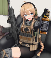 1girl alcohol assault_rifle bike_shorts blonde_hair blue_eyes blush bottle braid braided_ponytail brand_name_imitation commentary commission couch curtains cz_bren-2 d english_commentary gaiters general glass gloves green_curtains grey_sweater gun headset highres holding holding_bottle holding_weapon indie_virtual_youtuber jack_daniel's knee_pads load_bearing_vest looking_at_viewer magazine_(weapon) mole mole_under_eye open_mouth plate_carrier radio rifle sitting smile solo sweater tactical_clothes thighhigh_gaiters thighhighs thighs virtual_youtuber weapon whiskey whiskey_project yakob_labo // 1680x1914 // 1.8MB