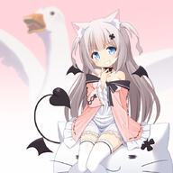 1girl animal_ear_fluff animal_ears arm_behind_back bangs bird black_bow black_choker blue_eyes blush bow bow_choker bow_dress cat_pillow character_request choker demon_tail demon_wings dress dress_bow eyebrows_visible_through_hair frilled_dress frills grey_hair hair_ornament hairpin hand_up knees_together_feet_apart long_hair long_sleeves looking_at_viewer mogura2009 multicolored_clothes multicolored_dress off_shoulder original pink_dress safe sensitive sitting smile solo soraneko_kurumi swan tail teeth thighhighs two_side_up very_long_hair virtual_youtuber white_dress white_legwear white_thighhighs wide_sleeves wings zettai_ryouiki // 900x900 // 454.6KB