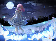 1girl arms_at_sides arusuko backlighting bare_arms bare_legs barefoot bent_over building choker chromatic_aberration cityscape closed_mouth cloud collarbone dark_clouds dress field flat_chest floating_hair flower flower_field foot_up frilled_dress frills full_moon general glitch hair_behind_ear hair_between_eyes hair_down kaname_madoka layered_dress leaning_forward light_particles lolibooru looking_at_viewer mahou_shoujo_madoka_magica medium_hair moon moonlight motion_blur neck_ribbon night night_sky outdoors pink_eyes pink_hair red_choker red_ribbon ribbon ribbon_choker safe scenery short_dress silhouette skirt_hold sky smile solo spaghetti_strap standing standing_on_one_leg twitter_username white_dress white_flower white_ribbon wide_shot wraith_madoka // 1500x1103 // 1.1MB