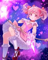 1girl arrow_(projectile) blush bow bow_(weapon) breasts bubble_skirt choker commentary_request dot_nose eyebrows_visible_through_hair frilled_legwear frilled_skirt frills gloves hair_bow heart highres holding holding_bow_(weapon) holding_weapon kaname_madoka kneehighs knees_up magical_girl mahou_shoujo_madoka_magica open_mouth pink_bow pink_eyes pink_hair puffy_short_sleeves puffy_sleeves red_choker red_footwear ribbon_choker ruru_(rurumagi) safe shoes short_hair short_sleeves short_twintails skirt small_breasts solo twintails weapon white_gloves white_legwear white_skirt // 1600x1998 // 3.5MB
