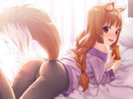 1_female 1girl 2018 alternate_hairstyle alternative_hairstyle animal_ears animal_humanoid animal_tail ass bangs bare_shoulders bed bed_sheet bedding blush bottomless braid braided_hair brown_hair butt canid canid_humanoid canine canine_humanoid censored clothed clothing comb e621 ears eyebrows eyebrows_visible_through_hair fang fangs female female_only female_solo from_behind general genitalia hair hair_tie hi_res high_resolution holding holo humanoid image indoors inside kawakami_rokkaku long_hair looking_at_viewer looking_back lying mammal mammal_humanoid mosaic_censoring naked_shirt no_audio nsfw off-shoulder off_shoulder on_bed on_stomach open_mouth pillow point_of_view pov pussy red_eyes rokkaku s safe sankaku sankaku_channel sensitive shirt simple_background single_braid smile solo spice_and_wolf spice_and_woolf tagme tail tied_hair video wolf_ears wolf_humanoid wolf_tail young // 1440x1075 // 1.3MB