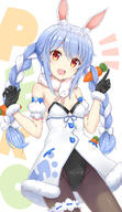 1girl animal_ear_fluff animal_ears bangs bare_shoulders black_gloves black_leotard blue_hair bow braid breasts brown_legwear bunny_ears carrot_hair_ornament catchphrase commentary commentary_request d detached_sleeves don-chan_(usada_pekora) dress eyebrows_visible_through_hair fanart fanart_from female flipper food_themed_hair_ornament fur-trimmed_dress fur-trimmed_gloves fur_trim gloves hair_between_eyes hair_bow hair_ornament hands_up highlights hololive index_finger_raised leotard long_hair looking_at_viewer multicolored_hair open_mouth pantyhose pekora_ch. pixiv puffy_short_sleeves puffy_sleeves rabbit_ears red_eyes safe short_eyebrows short_sleeves sidelocks simple_background small_breasts smile solo strapless strapless_dress strapless_leotard thick_eyebrows twin_braids twintails two-tone_hair upper_teeth usada_pekora usagimimi very_long_hair virtual_youtuber white_background white_bow white_dress white_hair white_sleeves // 1000x1728 // 268.7KB