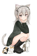 1girl animal animal_ears ass bangs black_bow black_footwear black_hairband black_jacket black_skirt blush boots bow brown_eyes cat cat_ears cat_girl cat_tail closed_mouth commentary_request cross-laced_footwear eyebrows_visible_through_hair flipper full_body girls_und_panzer grey_hair hair_between_eyes hair_bow hairband hands_up highres jacket kemonomimi_mode lace-up_boots long_hair long_sleeves one_side_up panties pleated_skirt safe selection_university_military_uniform sensitive shadow shimada_arisu skirt solo squatting tail underwear white_background white_panties // 1300x1950 // 233.1KB
