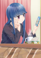 1_female 1girl bangs black_shirt blue_hair blurry blurry_background blush cellphone closed_mouth collarbone colored_nails commentary_request cup curtains depth_of_field eyebrows eyebrows_visible_through_hair female fingernails gelbooru head_in_hand head_rest holding holding_cellphone holding_object holding_phone indoors kotatsu long_hair long_sleeves looking_at_phone looking_away miri_(ago550421) mug nail_polish phone pink_nails purple_eyes safe sensitive shima_rin shirt smile solo t table tissue_box violet_eyes yuru_camp yurucamp // 827x1169 // 641.0KB