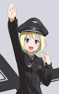 00s 1_female 1girl arm_up blonde blonde_hair blue_eyes erica_hartmann female happy hat headwear mature military military_uniform one_arm_up open_mouth peaked_cap safe sankaku_channel short_hair smile solo strike_witches uniform whistle world_witches_series youkan // 600x945 // 149.3KB