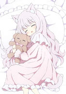 1_female 1girl ^_^ animal_ears cat_ears cat_girl cat_tail closed_eyes commentary_request doll_hug eyes_closed female frills general highres long_hair long_sleeves lying nightgown object_hug on_side open_mouth original pillow pink_hair pink_nightgown safe sleeping solo stuffed_animal stuffed_toy tail teddy_bear tyakomes // 1417x2000 // 587.7KB