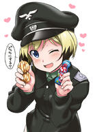 1_female 1girl 501st_joint_fighter_wing ;d blonde blonde_hair blue_eyes blush d erica_hartmann female hat headwear heart holding looking_at_viewer mature military military_uniform one_eye_closed open_mouth peaked_cap point_of_view pov safe sankaku_channel sensitive short_hair simple_background smile solo speech_bubble strike_witches translated uniform white_background wink world_witches_series youkan // 650x900 // 227.1KB