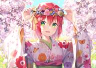 1_female arms_up bangs branch cherry_blossoms colorful commentary_request d day eyebrows eyebrows_visible_through_hair female floral_print flower flower_(flowers) flower_wreath fringe girl green_eyes hair_between_eyes hair_ribbon head_wreath headdress japanese_clothes kimono long_sleeves looking_at_viewer nonono nonono_(nononotea) obi open_mouth original outdoors outside pansy pink_flower pink_rose print_kimono red_hair ribbon_(ribbons) rose sash short_hair single smile solo spring spring_(season) traditional_clothes upper_body white_kimono wide_sleeves wreath yukata // 1062x752 // 1.4MB