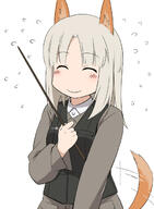 1_female 1girl animal_ears animal_tail arawi_keiichi_(style) blush bodily_fluids brave_witches closed_eyes ears edytha_rossmann eyes_closed female flying_sweatdrops fox_ears fox_tail grey_hair kitsunemimi mature military military_uniform nichijou parody pointer safe sankaku_channel sensitive short_hair smile solo strike_witches style_parody sweat sweatdrop tail tail_wagging uniform vest world_witches_series youkan // 495x675 // 88.3KB