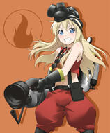 1_female 1girl bare_shoulders blonde blonde_hair blue_eyes blush cosplay explosive female flamethrower gas_mask gas_tank gloves grenade grin long_hair mask mature navel pyro_(cosplay) pyro_(tf2) safe smile solo stomach team_fortress team_fortress_2 the_pyro the_pyro_(cosplay) toshinou_kyouko valve_corporation weapon weapons youkan yuru_yuri // 700x850 // 168.4KB