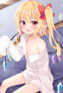 1girl arm_up bangs bare_shoulders bed blonde_hair blush breast_pocket breasts cable collarbone collared_shirt commentary_request crystal d electric_socket eyebrows_visible_through_hair eyelashes fang female_focus flandre_scarlet hair_ribbon highres loli lolibooru long_sleeves looking_at_viewer miy@ miya_25cat multicolored_wings on_bed one_side_up open_mouth pocket pointy_ears questionable red_eyes red_ribbon ribbon safe shirt short_hair sitting sleeves_past_fingers sleeves_past_wrists slit_pupils small_breasts smile solo thighs touhou touhou_project twitter_username white_shirt wing_collar wings フランドール・スカーレット 東方project // 1128x1648 // 1.1MB