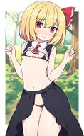 1_female 1girl 2d_art ascot bangs bare_arms bikini black_skirt black_vest blonde_hair blush border breasts bush bushes cleft_of_venus closed_mouth clothing collared_shirt cowboy_shot female forest furrowed_brow furrowed_eyebrows hair_ornament hair_ribbon hands_up high_resolution highres lolibooru low-rise_panties medium_hair micro_bikini nature navel outdoors outside_border paid_reward_available pixiv_102701096 pixiv_11292252 questionable rabiso9 red_ascot red_eyes red_ribbon ribbon rizento rumia shiny shiny_hair shirt skirt small_breasts smile solo sweatdrop swimsuit touhou touhou_project vest white_border white_shirt たくしあげ ちっぱい もうロリコンでいいや らびそ エロ衣装ルーミア クリクリしたくなるおへそ マイクロビキニ ルーミア ルーミアちゃんマジ天使 指を突っ込みたいへそ 撫で回したいお腹 東方 東方project500users入り 東方助平服 // 1231x2000 // 567.2KB