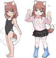1girl animal_ears bare_arms bare_legs bare_shoulders barefoot black_one-piece_swimsuit black_skirt blue_eyes blue_footwear bone_print boots brown_hair claw_pose closed_mouth dog_ears dog_girl dog_tail dot_nose fang flat_chest full_body gachigachi hair_ornament hairclip long_sleeves looking_at_viewer medium_hair miniskirt multiple_views one-piece_swimsuit one-piece_tan open_mouth original pantyhose paw_print pink_sweater safe simple_background sketch skirt smile standing sweater swimsuit tail tan tanline tareme white_background white_legwear // 999x1049 // 302.6KB