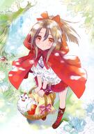 1girl < absurdres apple basket bird blush boots bottle bow cape carnelian character_request check_character chicken cosplay flower food from_above fruit general hair_bow highres holding holding_basket hood hood_down hooded_cape kantai_collection little_red_riding_hood_(character) lolibooru long_hair looking_at_viewer mushroom outdoors ponytail red_bow red_cape red_eyes red_footwear red_skirt safe scan shirt skirt solo standing tree white_shirt yande.re zuihou_(kantai_collection) // 2089x2975 // 5.7MB