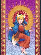 1girl ahoge alternate_costume alternative_costume animal_ear_fluff animal_ears asymmetrical_hair bangs barefoot blonde_hair blue_cloak brown_dress cloak closed_eyes clothing commentary_request cookie_(touhou) cosplay d dress eyebrows_visible_through_hair eyes_closed fang feet female fox_ears fox_girl fox_tail full_body high_resolution highres hood hooded_cloak kitsunemimi medium_hair miramikaru_riran open-mouth_smile open_mouth safe sensitive sidelocks smile solo tail the_bible virgin_mary virgin_mary_(cosplay) yan_pai // 1732x2310 // 1.3MB