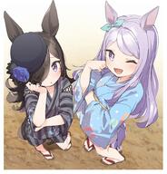2girls ;d absurdres animal_ears bangs black_hair black_headwear blue_flower blue_kimono blue_rose brown_footwear commentary_request flower from_above general grey_kimono grey_shorts hair_over_one_eye hat hat_flower highres horse_ears horse_girl horse_tail japanese_clothes kimono long_hair long_sleeves looking_at_viewer looking_up mejiro_mcqueen_(umamusume) multiple_girls o obi one_eye_closed open_mouth parted_lips purple_eyes purple_hair rice_shower_(umamusume) rose sandals sash shorts smile standing striped striped_kimono striped_shorts swept_bangs tail tilted_headwear toes umamusume vertical-striped_kimono vertical-striped_shorts vertical_stripes very_long_hair wide_sleeves yukie_(kusaka_shi) zouri // 2801x2928 // 1.0MB