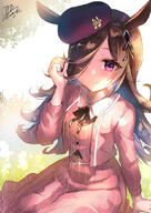 1girl 2d_art animal_ears bangs beret black_bow bow brown_hair closed_mouth collared_shirt commentary_request eighth_note eyebrows_visible_through_hair hair_over_one_eye hand_up hat horse_ears jacket long_hair looking_at_viewer musical_note open_clothes open_jacket pink_jacket pink_skirt pink_vest pixiv_170464 pixiv_92760627 purple_eyes purple_headwear rice_shower_(umamusume) safe shimaji shirt signature simaji-cannabis sitting skirt smile solo striped striped_skirt striped_vest tilted_headwear umamusume vertical-striped_skirt vertical-striped_vest vertical_stripes very_long_hair vest violet_eyes white_shirt しまじ 幸せは… // 736x1042 // 593.8KB