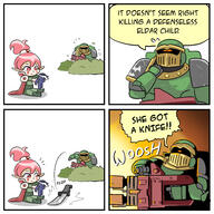 adeptus_astartes armor bush bushes clothing comic doll eldar english_text firing flamethrower general green_armor headwear helmet hiding highres holding holding_doll imperium_of_man knife launching mick19988 pauldron pauldrons pink_eyes pink_hair pointed_ears pointy_ears power_armor s safe salamander,_you_silly_goose!_(by_@mick19988) salamanders sankaku shoulder_armor sound_effects space_marine speech_bubble warhammer_40k weapon // 1920x1920 // 1.1MB