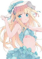 1girl bare_shoulders bikini blonde_hair blue_bra blue_eyes blue_ribbon blush body_writing bra breasts clothes_lift commentary_request crop_top hair_ribbon hat highres kani_biimu lifted_by_self loli long_hair looking_at_viewer navel original parted_lips peco pixiv_3439325 questionable ribbon safe sensitive shimotsuki_potofu simple_background skirt skirt_lift small_breasts solo swimsuits tattoo underwear upper_body white_background // 1073x1500 // 809.3KB