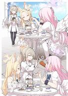 2koma 3girls >_< absurdres angel angel_wings animal_ear_fluff animal_ears black_neckerchief black_pantyhose blonde_hair blue_archive blue_bow blue_sky bow braid buttons cake cake_slice capelet chair cheek_poking closed_eyes cloud comic commentary cookie creamer_(vessel) crown_braid cup cupcake day detached_sleeves double-breasted dress false_smile feathered_wings feeding flower flower_wreath food forehead fox_ears frilled_dress frills general hair_flower hair_ornament hair_scrunchie halo highres kirifuji_nagisa long_sleeves looking_at_another mika_(blue_archive) misono_mika multiple_girls nagisa_(blue_archive) neckerchief on_chair outdoors pantyhose parted_bangs pastry pink_hair poking puffy_sleeves sailor_collar saucer scrunchie seia_(blue_archive) sitting sky sleeveless sleeveless_dress smile striped striped_pantyhose sunlight sweatdrop swiss_roll table tea_party teacup teapot tiered_tray tile_floor tiles vertical-striped_pantyhose vertical_stripes walking white_capelet white_dress white_footwear white_pantyhose white_sailor_collar white_wings wings wrist_scrunchie yellow_eyes yukie_(kusaka_shi) yukkieeeeeen yurizono_seia // 2125x2975 // 1.1MB