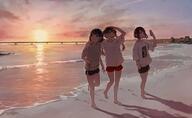 2d anime anime_girls barefoot beach blue_eyes blushing daluto landscape long_hair open_mouth original_characters sea short_hair smartphone sunlight sunset thighs women_on_beach // 2048x1256 // 3.2MB