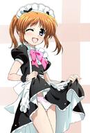 1girl ;d alternate_costume apron back_bow bangs black_dress blue_eyes blush bow bow_panties bowtie brown_hair clothes_lift commentary_request cowboy_shot crotch_seam dress dress_lift enmaided lifted_by_self looking_at_viewer lyrical_nanoha mahou_shoujo_lyrical_nanoha maid maid_apron maid_headdress miyajima_hitoshi one_eye_closed open_mouth panties pink_bow pink_bowtie pink_neckwear puffy_short_sleeves puffy_sleeves safe sensitive short_hair short_sleeves smile solo standing takamachi_nanoha twintails underwear white_apron white_panties // 677x1000 // 102.7KB