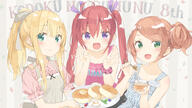 169_aspect_ratio 3_females 3girls ahoge alternate_hairstyle anniversary apron background_text bangs bare_arms bare_shoulders blonde_hair blush bow breasts brown_hair butter camisole clavicle closed_mouth collarbone collared_shirt commentary_request d dress eyebrows eyebrows_visible_through_hair fang fangs female food food_on_face frilled_shirt_collar frills garrison_cap general green_eyes grey_apron grey_bow hair_between_eyes hair_bow hair_bun hair_ornament hair_ribbon hair_up hairclip hands_up hazuki_watora high_resolution highres holding holding_plate kani_biimu lolibooru long_hair minazuki_sarami multiple_females multiple_girls open-mouth_smile open_mouth original pancake peko pink_camisole pink_hair_ornament pink_scrunchie pink_shirt plaid plaid_dress plate ponytail print_scrunchie puffy_short_sleeves puffy_sleeves purple_eyes purple_ribbon ribbon romaji_text s safe sankaku sankaku_channel scrunchie sensitive shimotsuki_potofu shirt short_sleeves side_bun sidelocks single_hair_bun single_side_bun sleeveless sleeveless_dress small_breasts smile star_(symbol) star_print striped striped_apron striped_bow swept_bangs syrup text_background tied_hair translation_request twin_tails twintails upper_body vertical-striped_apron vertical_stripes very_long_hair violet_eyes wallpaper wrist_scrunchie yande.re // 1920x1080 // 1021.6KB