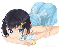 1girl bangle bangs bare_arms bare_shoulders black_hair blue_dress blue_eyes bracelet dress eyebrows_hidden_by_hair feet_out_of_frame flower hair_flower hair_ornament hairclip jewellery kneeling looking_at_viewer original parted_lips safe simple_background sleeveless sleeveless_dress solo tamakorogashi watermark web_address white_background yellow_flower // 900x725 // 226.4KB