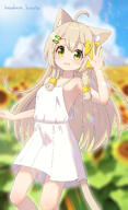 1girl absurdres ahoge animal_ear_fluff animal_ears arm_up armpits artist_name bangs bare_shoulders blue_sky blurry blurry_background blush bow brown_hair cat_ears cat_girl cat_tail cloud collarbone day dress female_focus field fish_hair_ornament flat_chest flower flower_field green_eyes hair_bow hair_ornament hairclip hand_up happy hazakura_hinata heterochromia highres long_hair looking_at_viewer open_mouth original outdoors sensitive shiny shiny_hair short_dress sidelocks signature sky sleeveless sleeveless_dress smile solo spaghetti_strap standing sunflower tail waving white_dress yellow_bow yellow_eyes yellow_flower // 2173x3561 // 3.5MB
