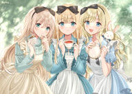 3girls >_< alice alice_(alice_in_wonderland) alice_alice_alice♡ alice_in_wonderland apron artist_name bangs black_bow black_hairband blonde_hair blue_dress blue_eyes blunt_bangs blurry blurry_background blush bow buttons closed_mouth collared_dress commentary cup d dress eyelashes frilled_apron frilled_dress frilled_sleeves frills general green_eyes hair_between_eyes hair_bow hairband hands_up highres holding holding_cup holding_jar holding_teapot jar kompeitou_(lemon_garden) konpeito1025 lens_flare licking_lips light_particles long_hair long_sleeves looking_at_viewer multiple_girls open_mouth orange-1025 parted_lips puffy_short_sleeves puffy_sleeves rabbit short_sleeves sidelocks signature smile sparkle standing sugar_cube swept_bangs tareme tea teacup teapot teeth tongue tongue_out upper_teeth_only very_long_hair white_apron white_rabbit white_rabbit_(alice_in_wonderland) wide_sleeves こんぺいとう＊* アリス オリジナル 不思議の国のアリス 創作 // 1754x1240 // 2.2MB