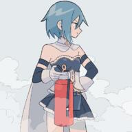 1girl bare_shoulders belt blue_belt blue_eyes blue_hair blue_skirt breasts cape closed_mouth cowboy_shot detached_sleeves facing_away fire_extinguisher frills gloves grey_background hand_on_hip holding legs_apart looking_afar mahou_shoujo_madoka_magica miki_sayaka pleated_skirt profile safe shiny shiny_hair short_hair simple_background skirt small_breasts smile solo steam strapless thighs tsurime white_cape white_gloves yuri7s0 // 750x750 // 110.4KB