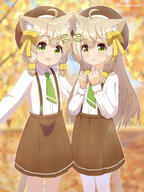 2girls absurdres ahoge animal_ear_fluff animal_ears artist_name autumn autumn_leaves bangs beret blurry blurry_background blush bow brown_hair brown_headwear brown_skirt cat_ears cat_girl cat_tail clenched_hands collared_shirt commentary_request day female_focus fish_hair_ornament flat_chest general green_eyes green_necktie hair_bow hair_ornament hairclip hands_up happy hat hazakura_hinata heterochromia highres long_hair long_sleeves looking_at_viewer miniskirt multiple_girls necktie open_mouth orange_background original outdoors pantyhose pleated_skirt school_uniform shiny shiny_hair shirt shirt_tucked_in siblings sidelocks signature sisters skirt smile standing suspender_skirt suspenders tail tree twins white_pantyhose white_shirt yellow_bow yellow_eyes // 2879x3840 // 8.0MB